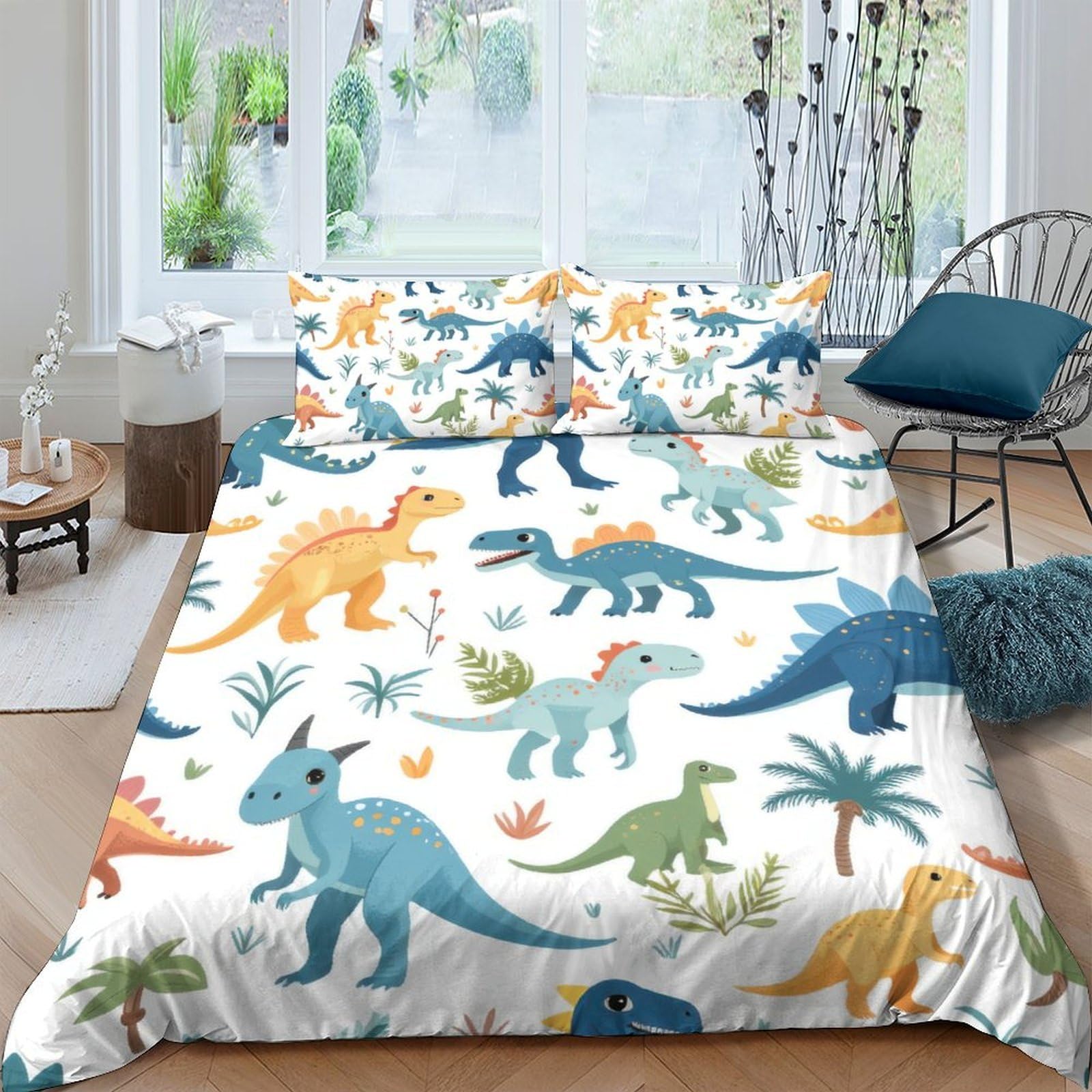 P5V6M1Q9 3D Printed Dinosaur Pattern Duvet Cover Set Microfiber Soft Breathable Jungle Bedding Set with 2 Pillowcases for Bedroom Decor Single（135x200cm）