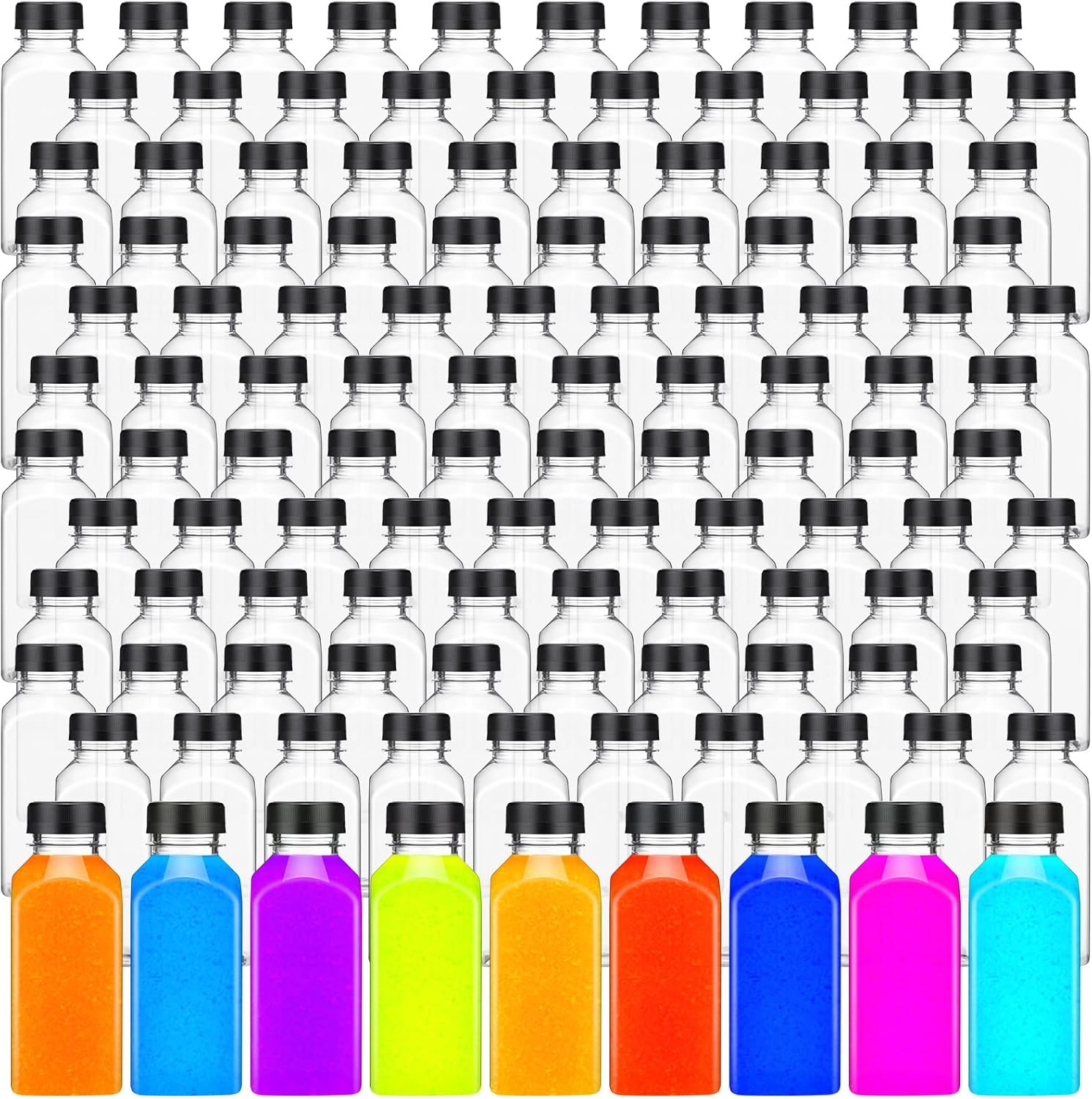 Zhehao 200 botellas vacías de plástico de 10 onzas con tapas, recipientes cuadrados transparentes para bebidas, pequeñas botellas reutilizables para