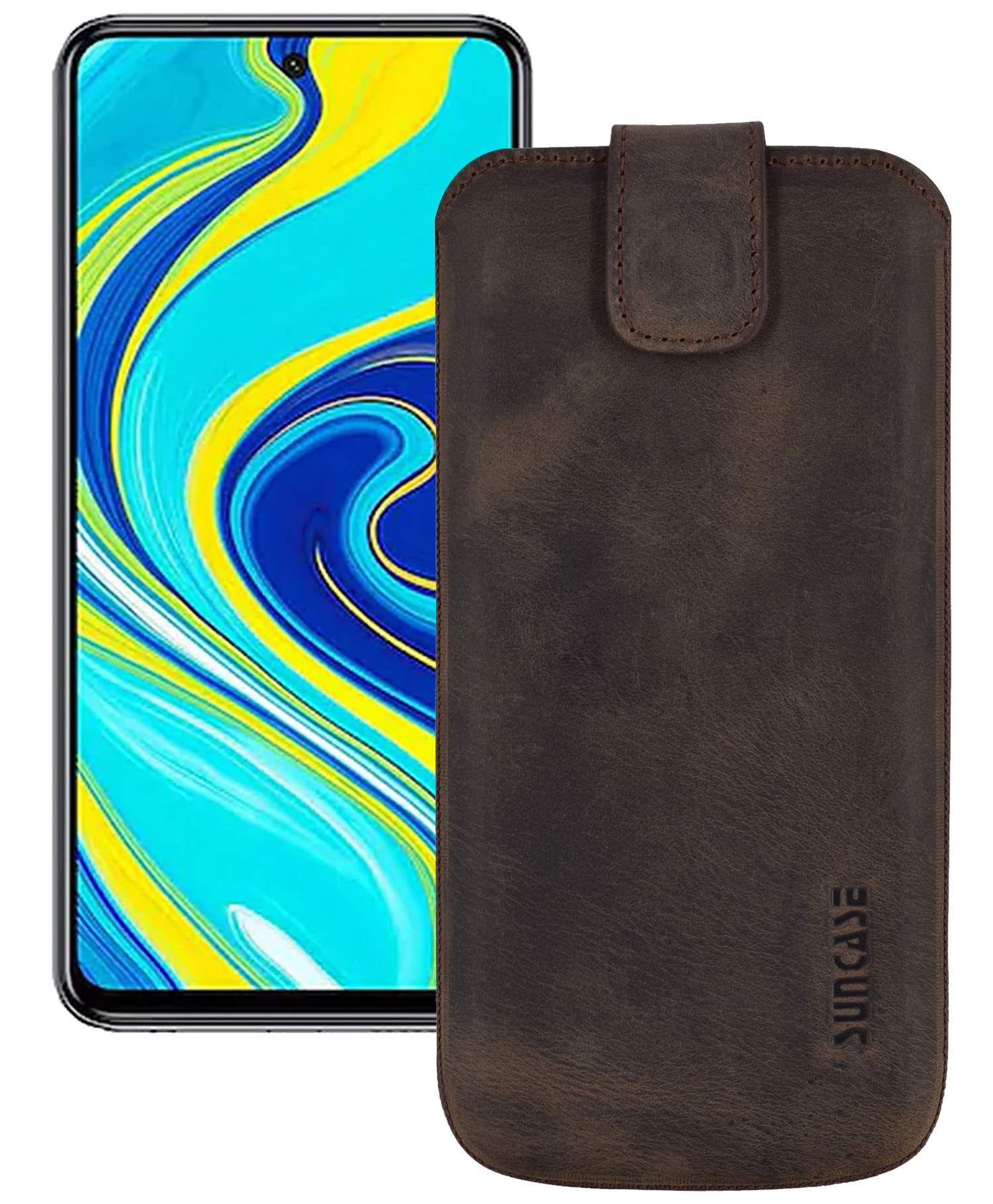 Suncase Real Leather Case Slim Edition Compatible with Xiaomi Redmi Note 9 Pro 5G with Pull-Up Strap and Magnetic Closure in Antique Dark Brown