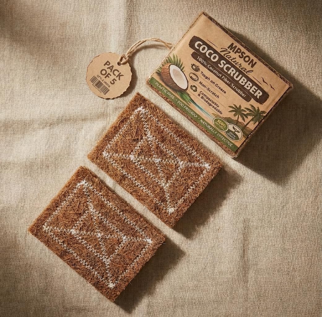 Mpson Coconut Coir Scrubber with White Cotton Stitch Pads | Natural Fiber Kitchen Dish Cleaner | Non-Scratch, Reusable, Biodegradable | Pack of 5-image-43