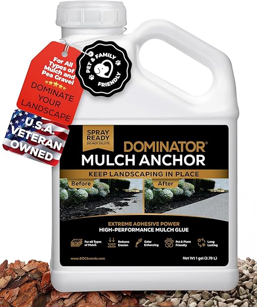 Dominator Mulch Anchor 1 Gallon - Mulch Glue & Gravel Binder, Rock Glue for Landscaping, Pea Gravel & Bark, Strong Stabilizer & Adhesive Spray, Lockdown Sticky Rock Glue & Stone Glue