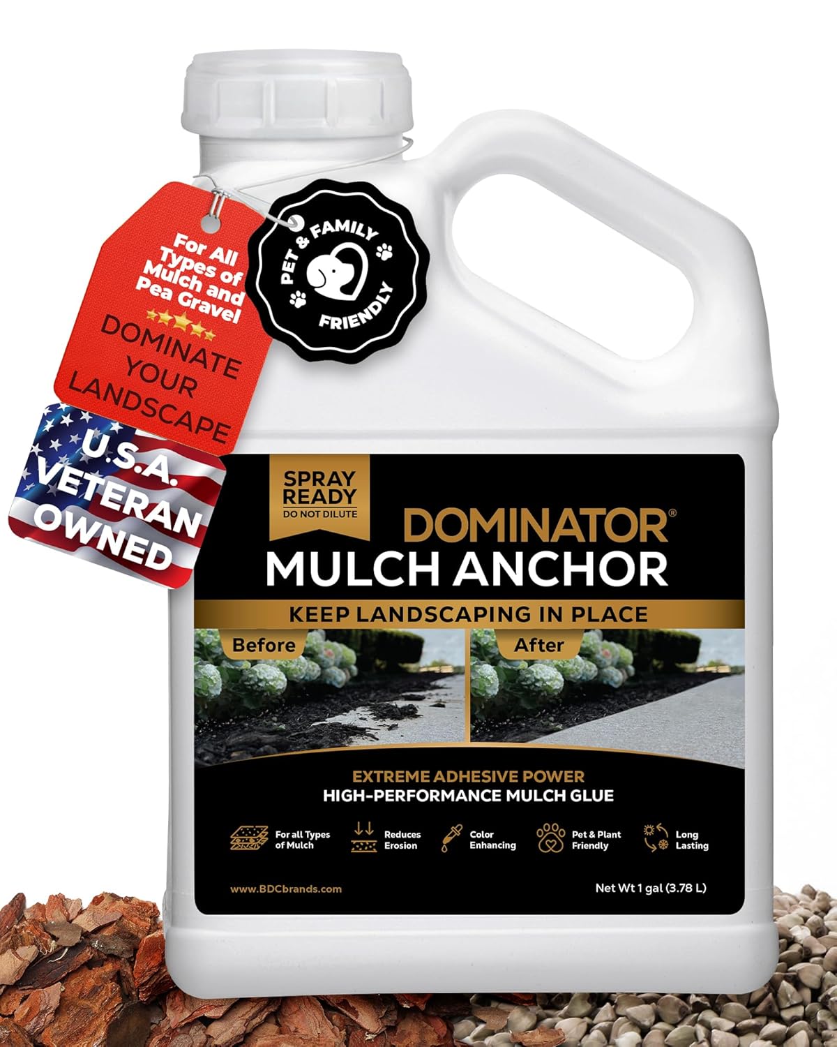 Dominator Mulch Anchor 1 Gallon - Adhesive for Mulch & Gravel, Rock Binding Solution for Landscaping, Pea Gravel & Bark, Powerful Stabilizing Spray, Strong Adhesive for Stones...