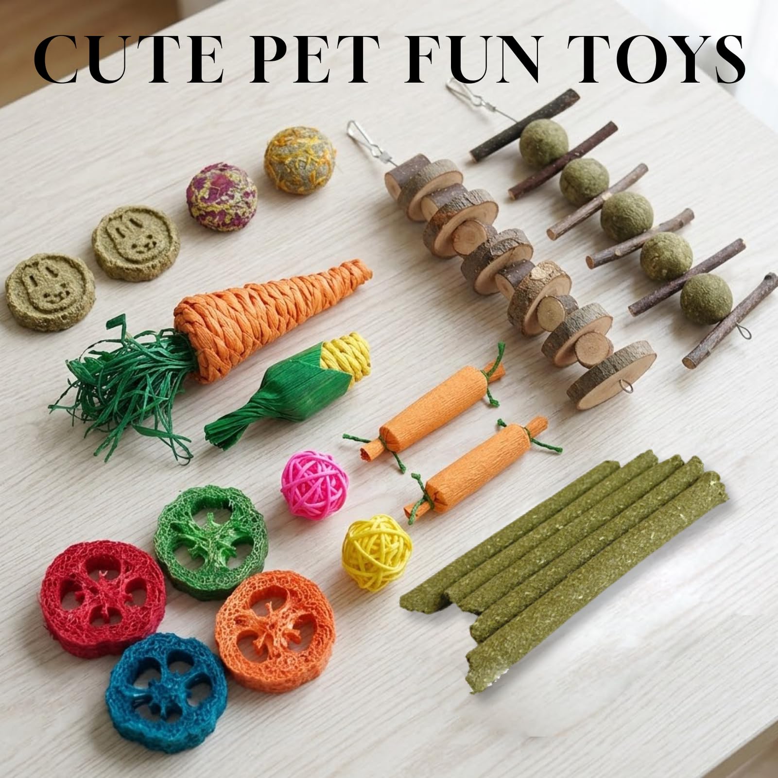 21pcs Juguetes para Conejos, Juguetes Masticables para Conejos, Hámsters, Cobayas Chinchillas, Juegos para Roedores, Palos Heno Timoteo, Palos Manzano, Bolas Ratán para Mascotas con Dientes