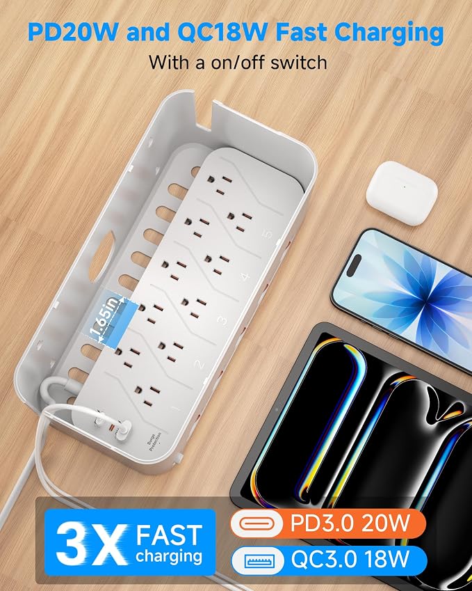 Regleta con organizador de cables blanco 10 salidas 3 USB miniatura 8
