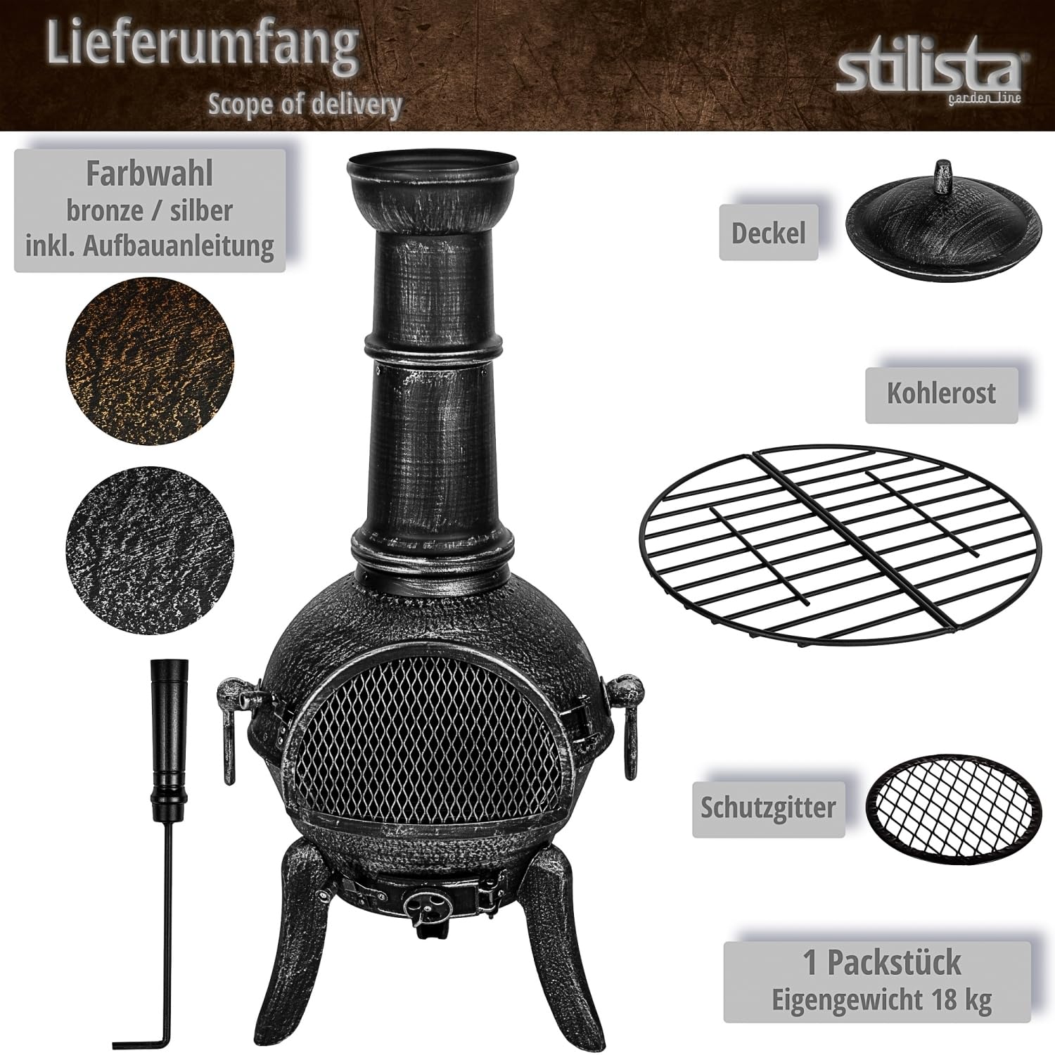 STILISTA® Terrassenofen 112 cm aus Gusseisen mit Funkenschutz und Schürhaken, Silber Grau