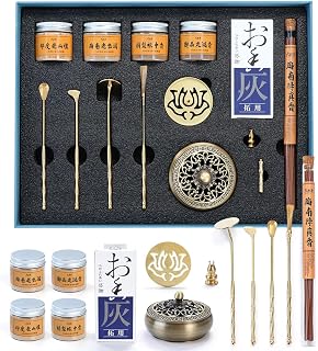 Yoga & Meditation Incense Holder Kit, 13 pcs DIY Copper Incense with Brass Burner, Brass Seal Mold, Base Tools, 4 Kinds of Scented Powder, for Relaxation, Home Fragrance