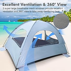 WhiteFang Beach Tent Anti-UV Portable Sun Shade Shelter for 3 Person, Extendable Floor with 3 Ventilating Mesh Windows Plus Carrying Bag, Stakes and Guy Lines (Sierra Blue)