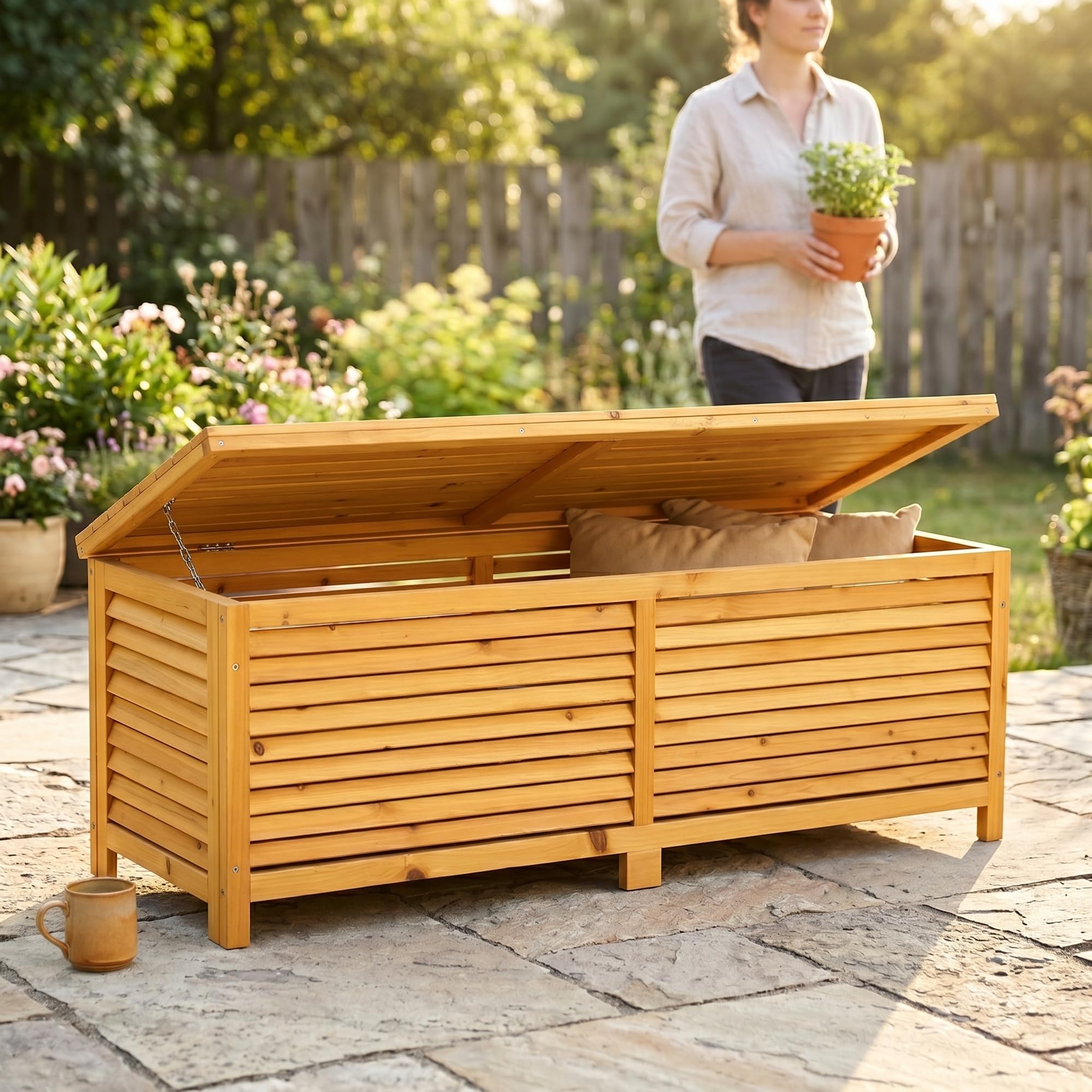 Mucola Auflagenbox Kissenbox Gartentruhe mit Deckel 140x46x52 cm Holz Braun | wetterfest und robust, Platz für Gartenpolster und Gartengeräte, aus Massivholz, individuell gestaltbar und streichbar