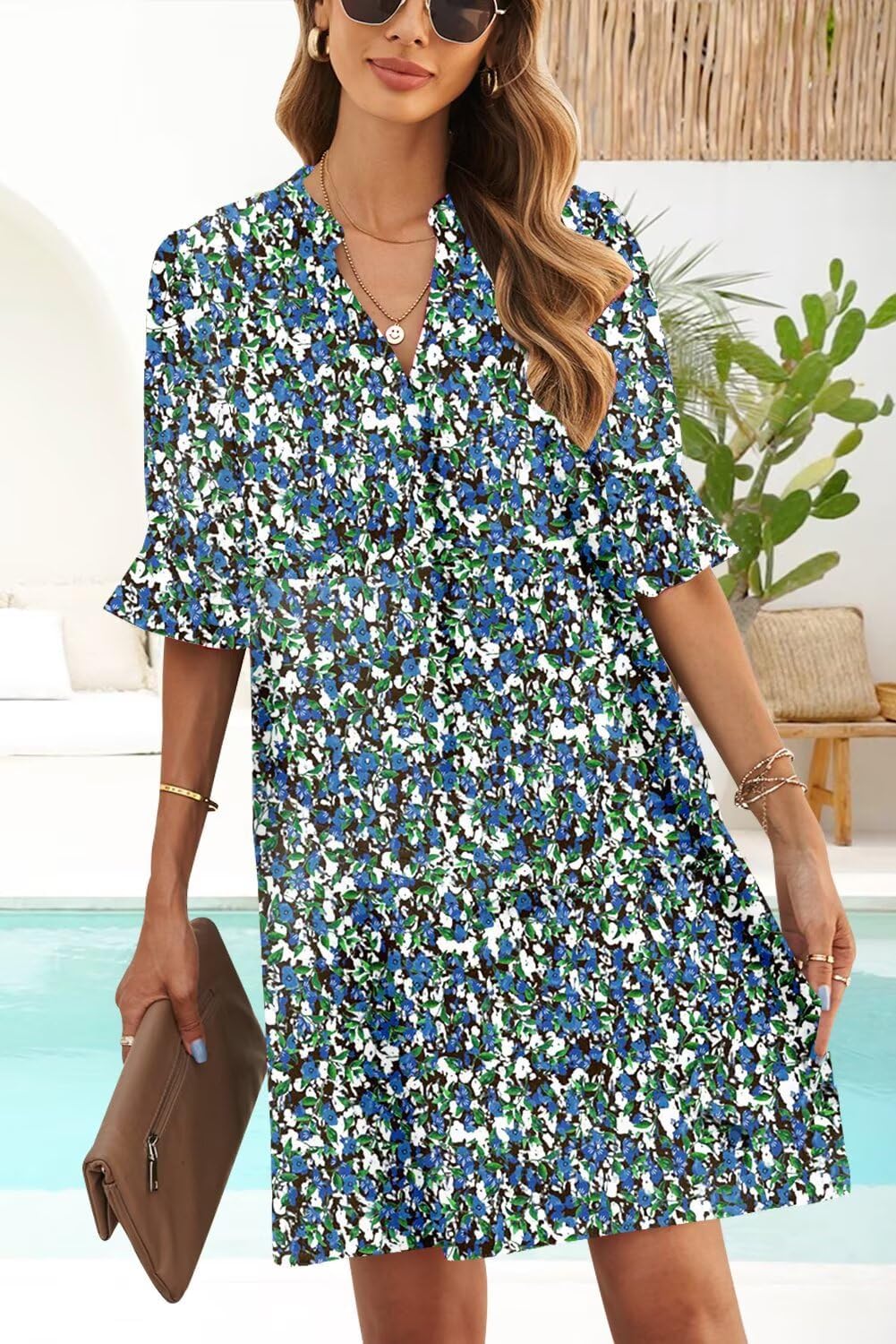 Wkior Shift Dress for Women V Neck Short Sleeves Solid Color Casual Flowy Summer Dresses(S-2XL)