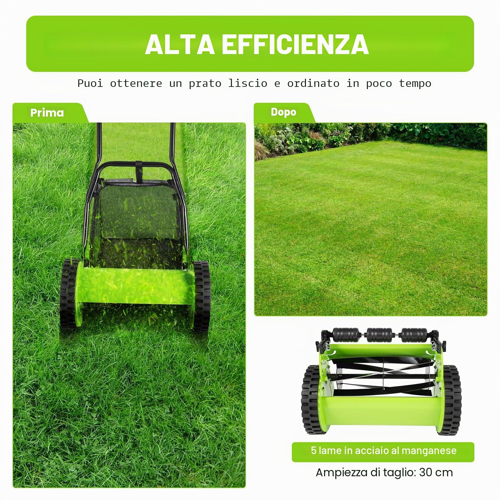 Tagliaerba manuale con larghezza di taglio di 300 mm, tosaerba con 5 lame, 23 l, capacità massima di 12-45 mm, altezza di taglio regolabile