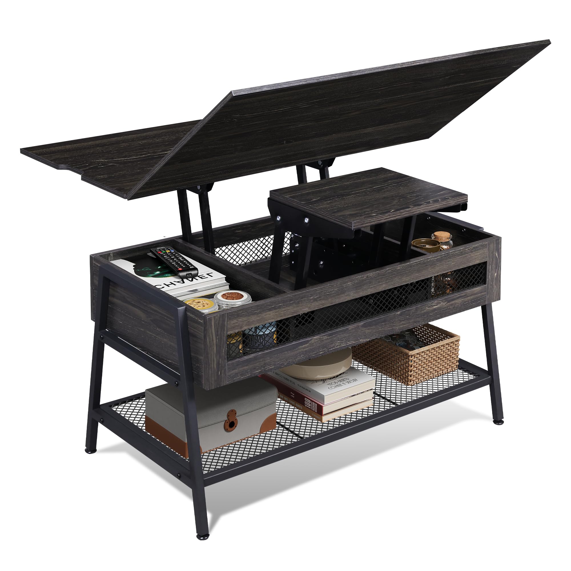 WLIVE Lift Top Coffee Table, 3 in 1 Multi-Function Coffee Table with Storage, Hidden Compartment and Metal Frame, Coffee Table Converts to Dining Table for Living Room Home Office, Charcoal Black