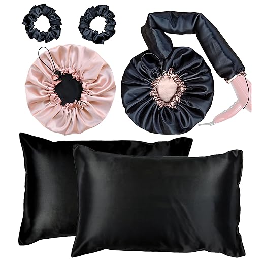 Kit Touca Difusora Dupla + Touca Dormir + 2 Fronhas + 2 Xuxinhas (Preto/Champagne)