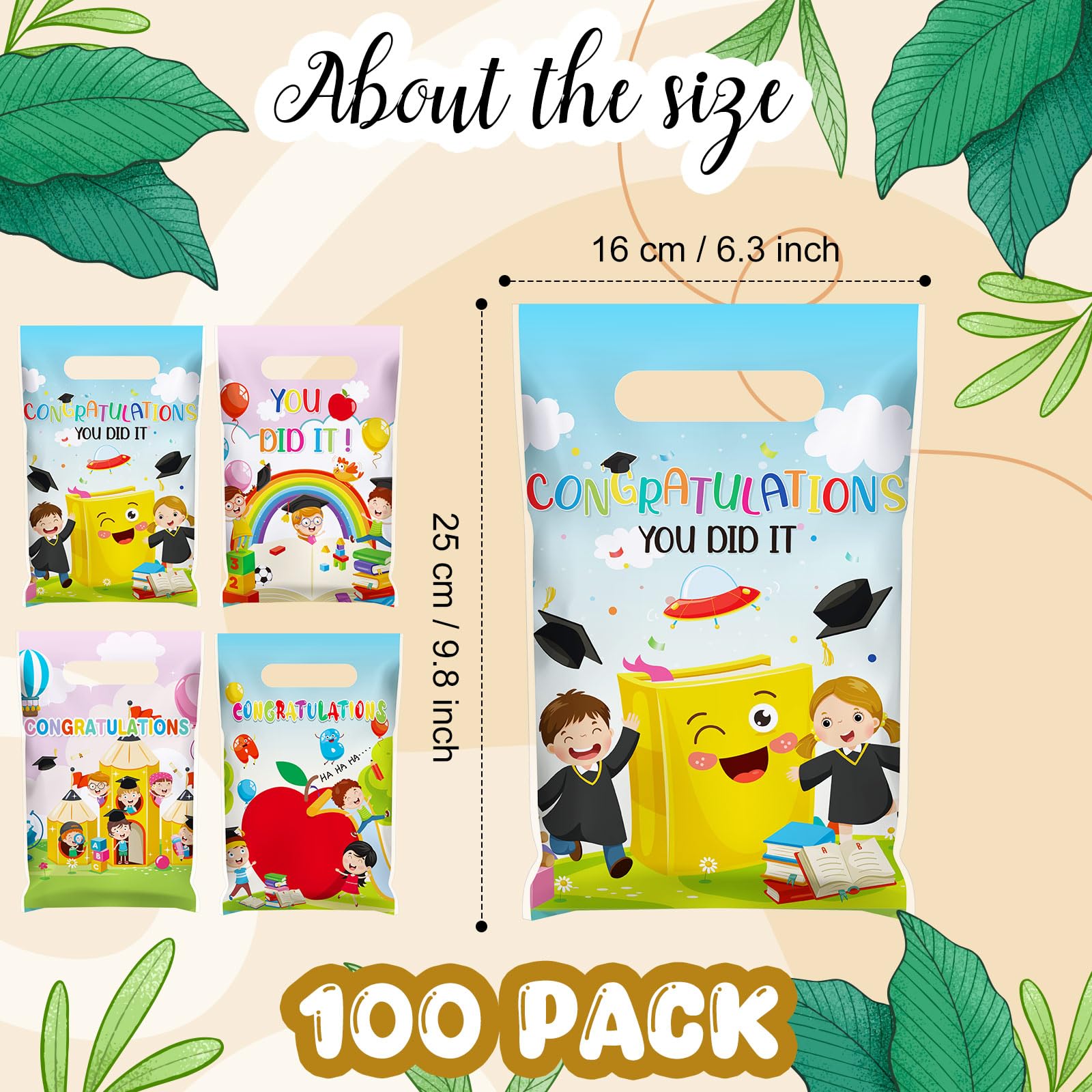 Chivertion 100 Pcs Preschool Graduation Plastic Gift Bags Bulk Kindergarten Graduation Merchandise Treat Bags with Handle for Kids