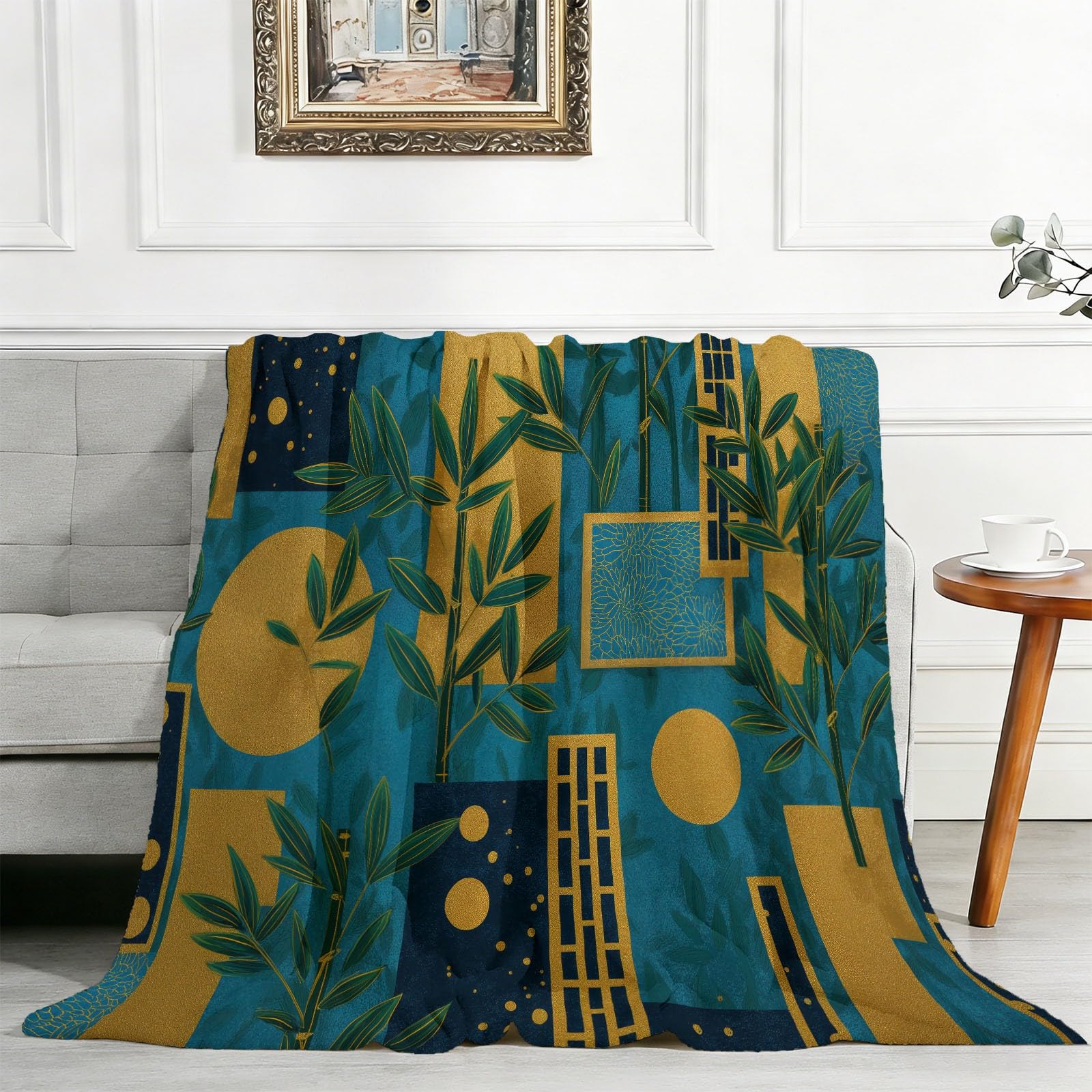Koc flanelowy z nadrukiem w stylu vintage rośliny geometryczne liście bambusa, niebieski żółty miękki i ciepły - sofa rozkładana sypialnia, idealny prezent na wszystkie pory roku - 150 × 200 cm