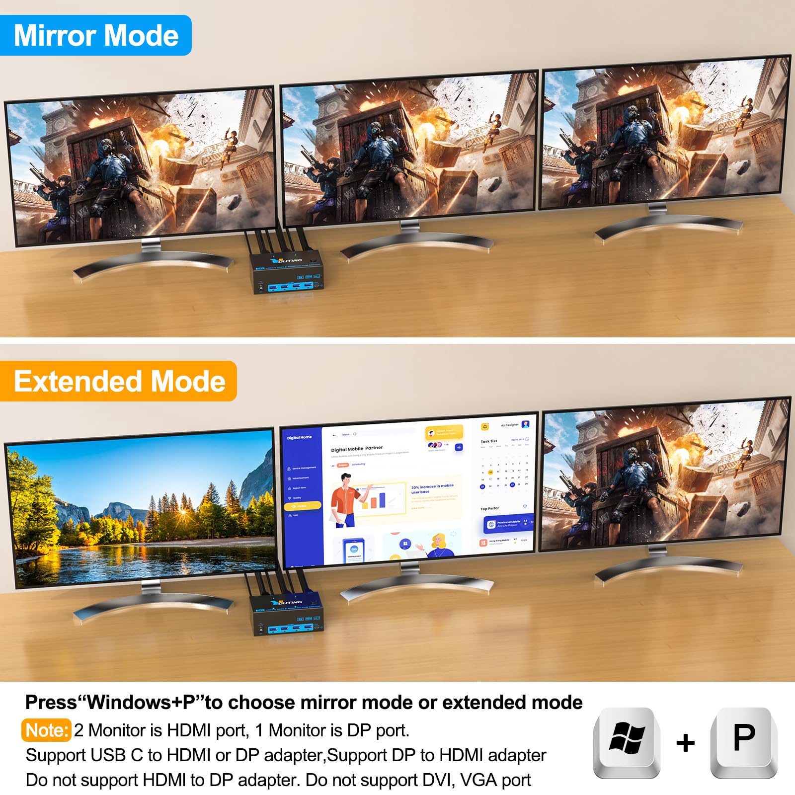 KVM Switch 2 PC 3 monitory DP HDMI, KVM Switch Triple Monitory | 4K @ 144 Hz, 8K 60 Hz, USB 3.0, 5 Gbps, do 2 PC Części myszy, klawiatury, przewodowy pilot