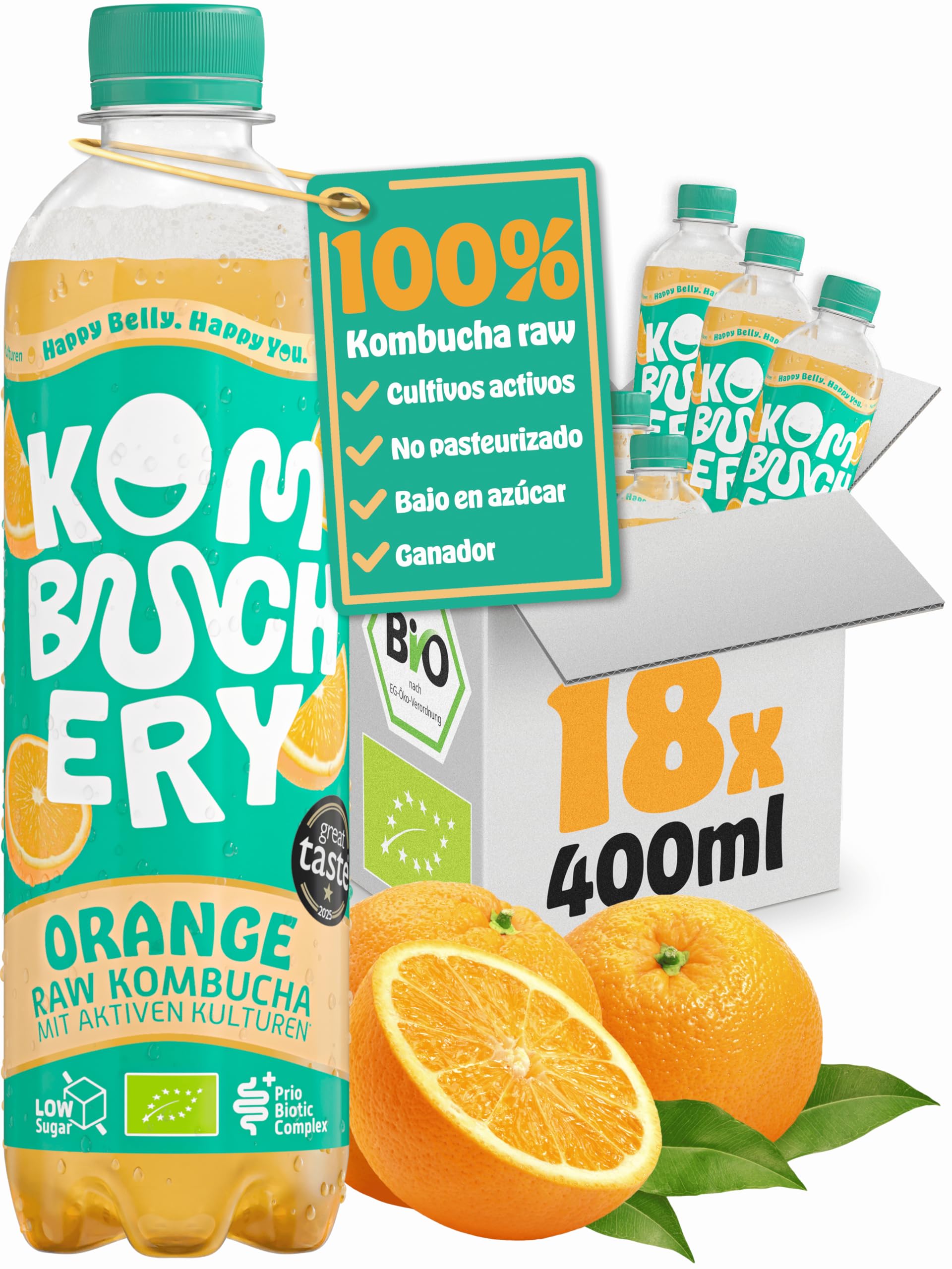 KOMBUCHERY® Kombucha de naranja ORGÁNICO crudo | 18 x 400ml | Té fermentado con cultivos activos para el intestino | Bajo en azúcar y en calorías | Sin pasteurizar, probiótico