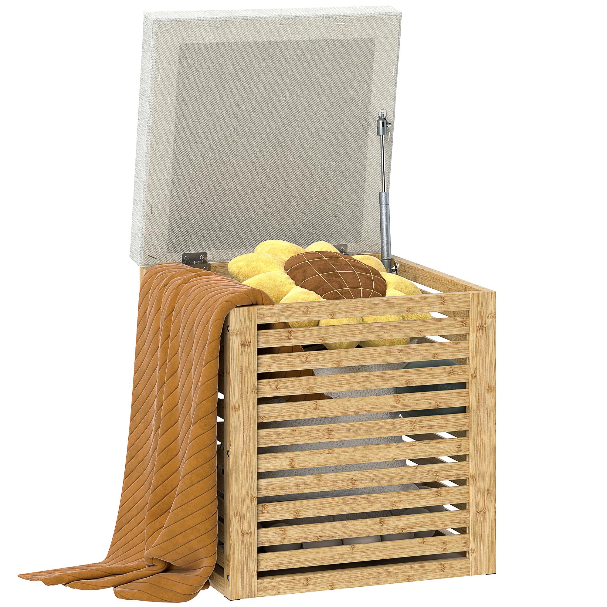 HOMCOM Baúl de Almacenaje para Dormitorio 54,7L Taburete de Almacenaje Tapizado en Lino Sintético con Cojín Marco de Bambú para Entrada Salón 40x40x47 cm Gris y Natural