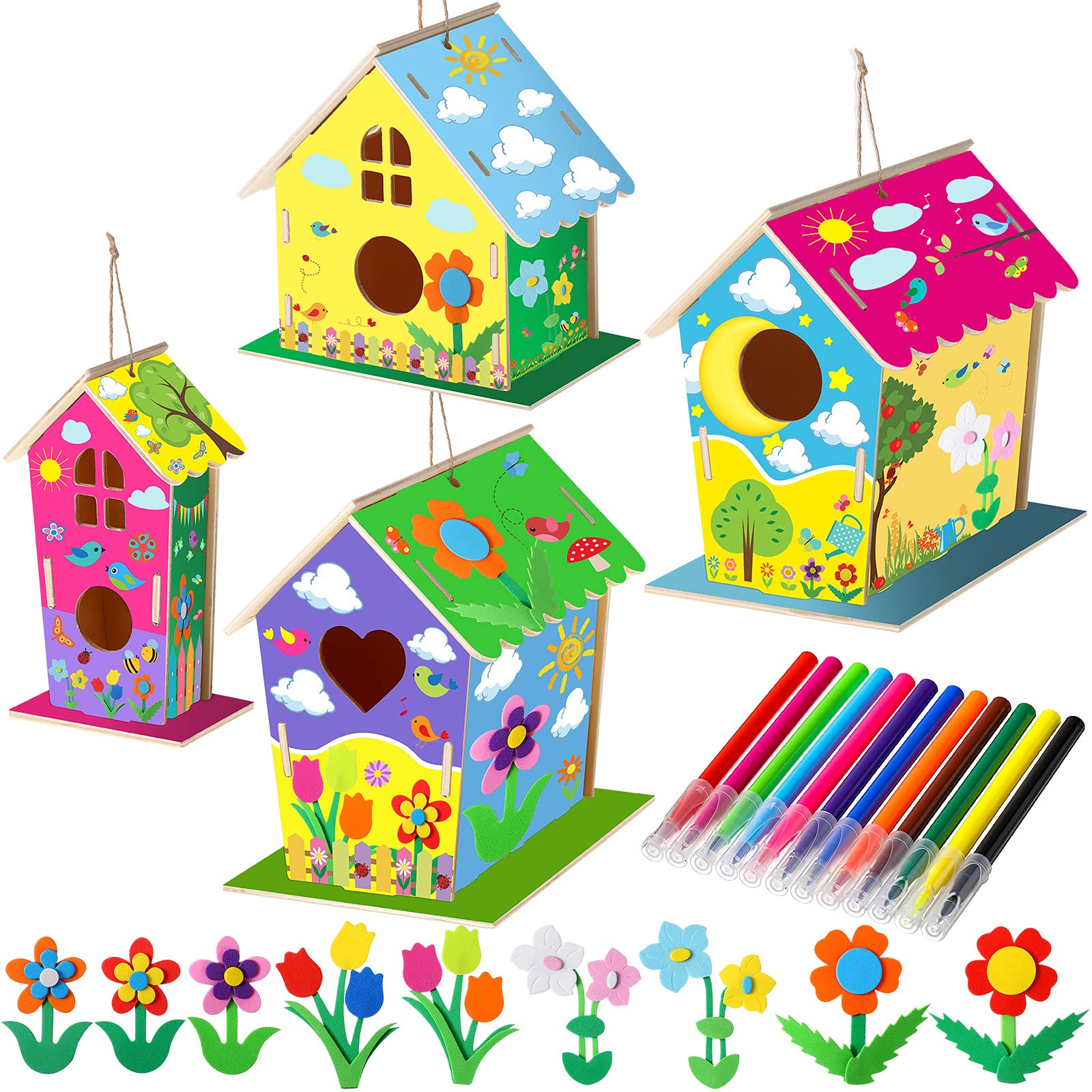 Buy DIY Bird House Kit 4 Pack Unfinished Wooden Birdhouse for Boys