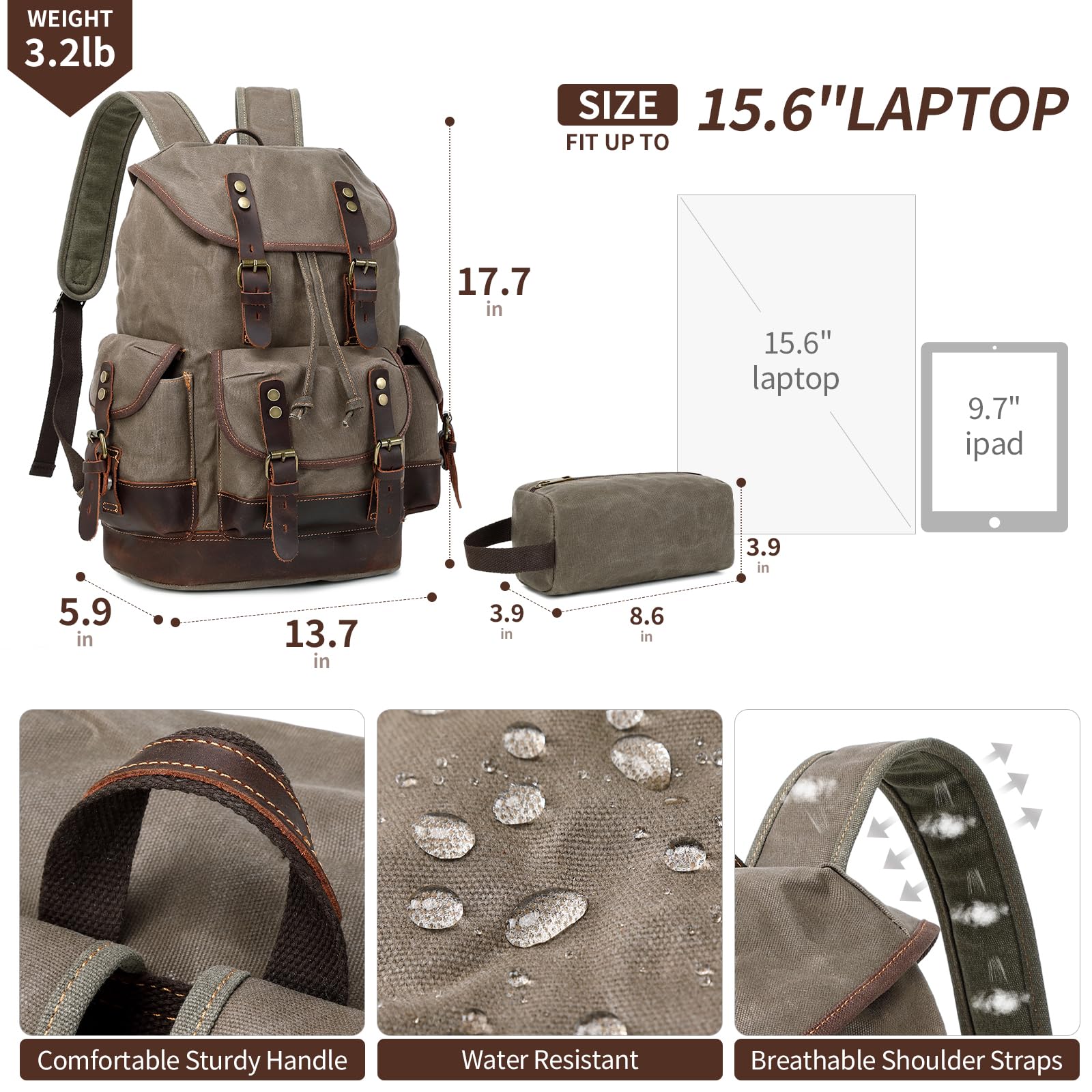Wogarl Zaino in pelle da uomo, in tela cerata, stile vintage, per lavoro, università, viaggi, escursionismo, con borsa da toilette (verde militare), verde scuro, Medium, Tempo libero