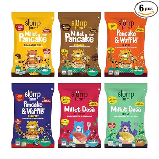 Slurrp Farm Healthy Breakfast and Snacks Trial Pack Combo, Millet Pancake and Dosa Mix, 300g (Pack of 6, 50g each)