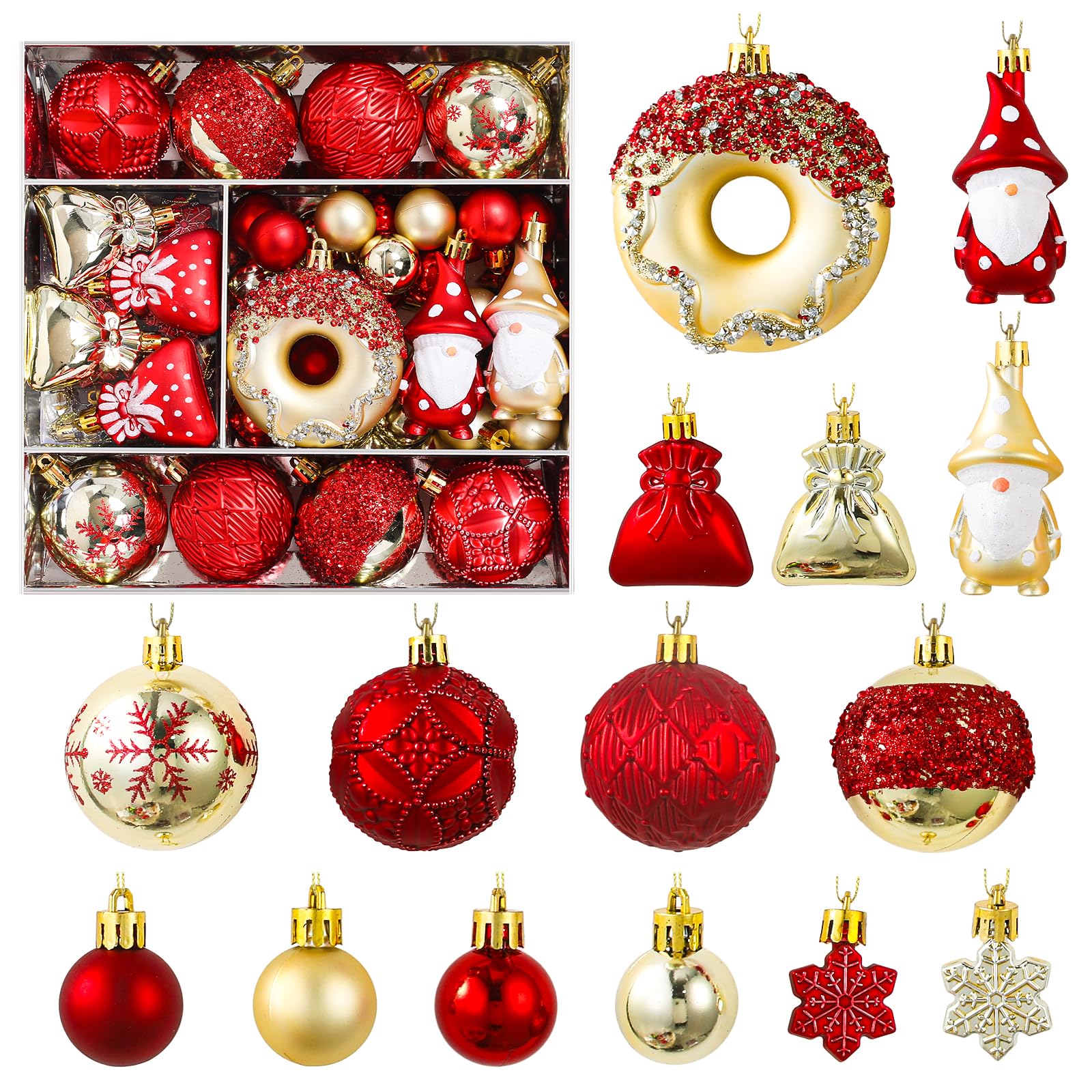Lot de 60 boules de Noël décoratives en plastique incassable | Ravissant coffret cadeau classique pour sapin de Noël, décorations de fête de mariage avec cordes de suspension