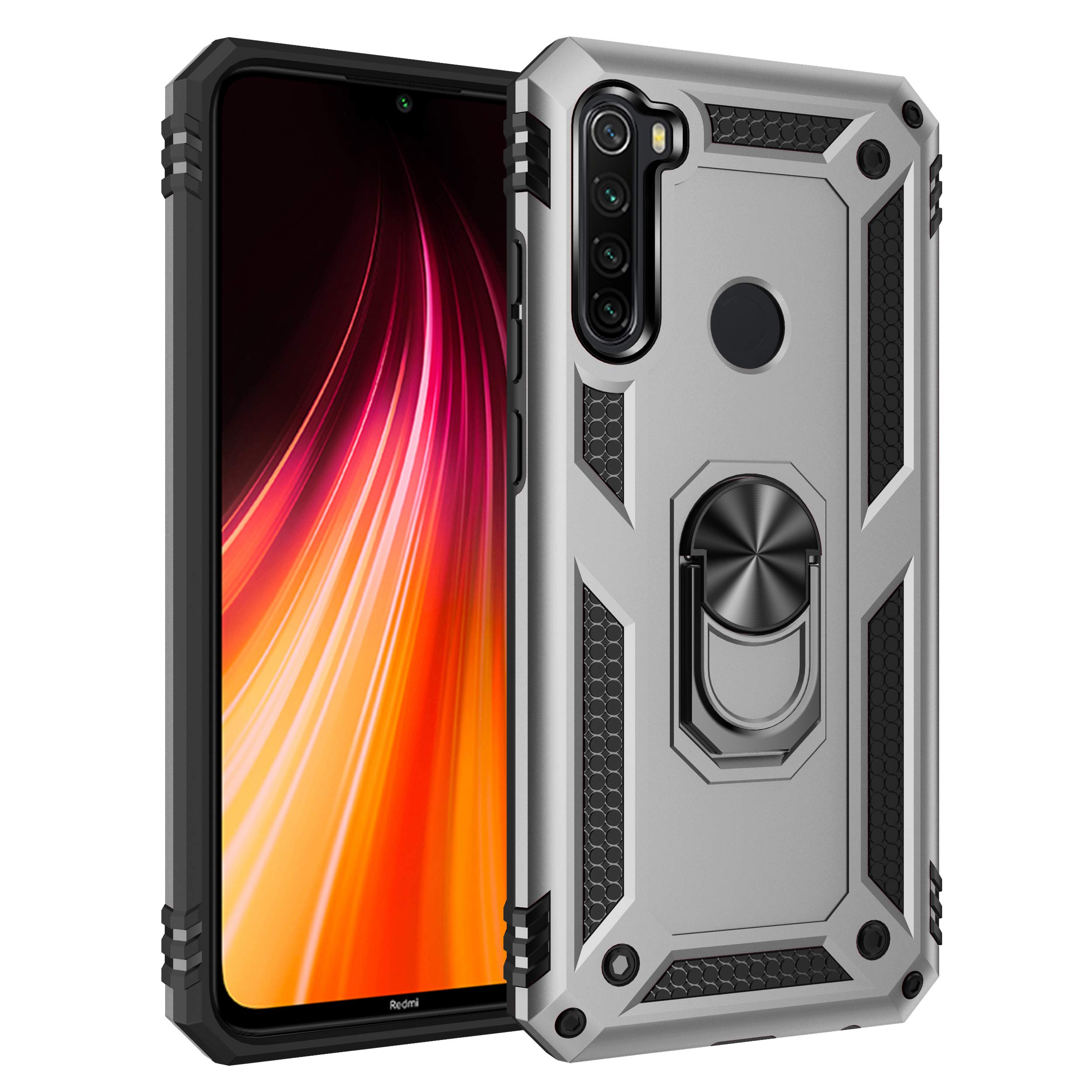 JMstoreCase Compatible with Xiaomi Redmi Note 8T Magnet Ring Stand, Double Layer Reinforced Defence + Screen Protector (Silver
