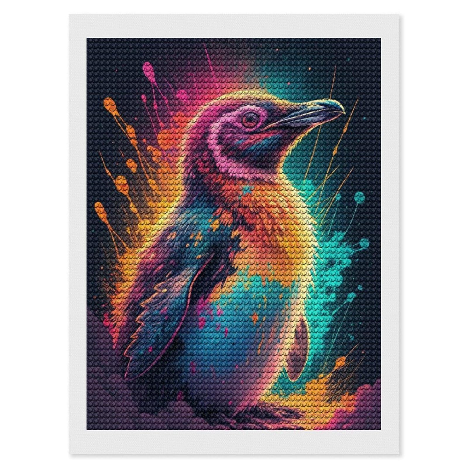 Junmoney Vibrant Penguin with Colorful Splashes Diamond Painting Canvas Set 12"x16", Satisfying Creative Project, Easy to Follow Symbols, Fun Craft Experience