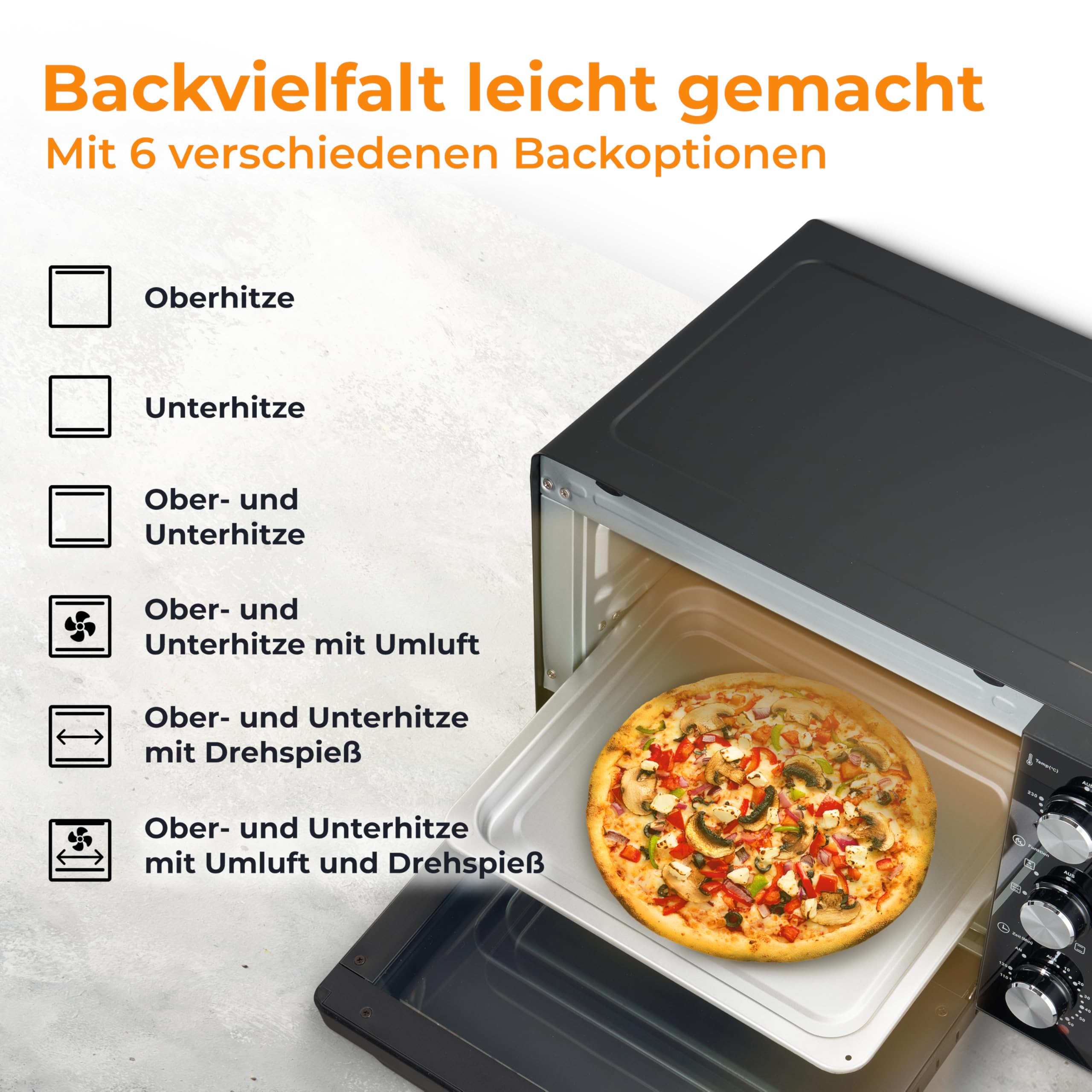 KLAMER Minibackofen mit Umluft (30 Liter), 6 Backfunktionen, 70-230°C, 120 min. Timer, Mini-Ofen inkl. Drehspieß, Grillgitter, Grillrost und Krümelblech, 1.500 W, Pizza Ø30cm, Schwarz