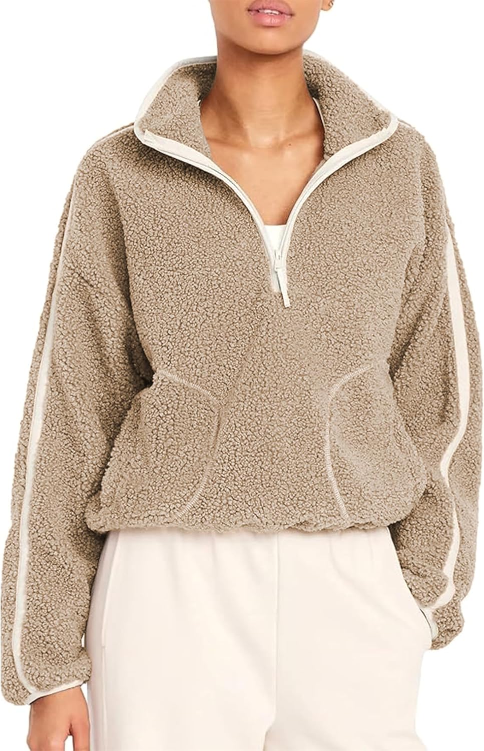 Womens Quarter Zip Pullover Sherpa Fleece Jacket Warm Trendy Teddy Sweatshirts Fuzzy Outerwear with Pockets