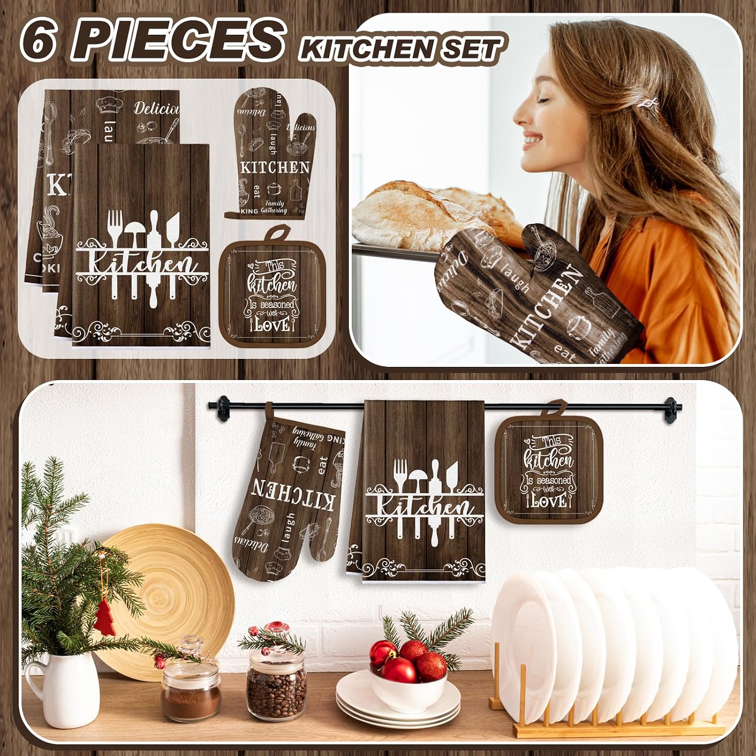 Leinuosen 6 Pcs Farmhouse Brown Kitchen Towel Set with Oven Mitt