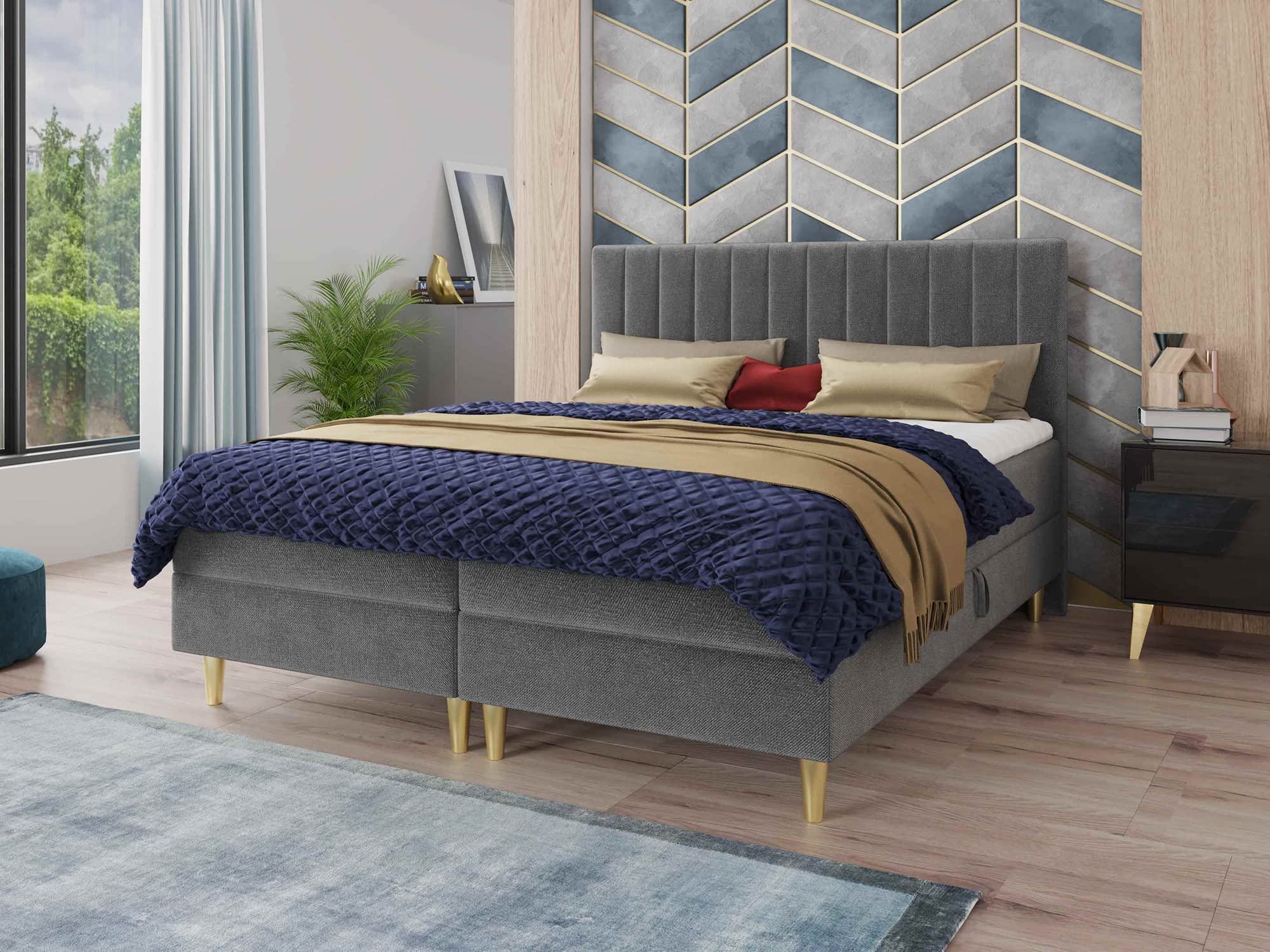 Sofnet Boxspringbett Gold mit 2 Bettkästen und Topper - Doppelbett, Bonell-Matratze, Polsterbett, Bett mit Matratzentopper, Schlafzimmer, Velours Stoff (Grau (Manila 16), 180 x 200 cm)