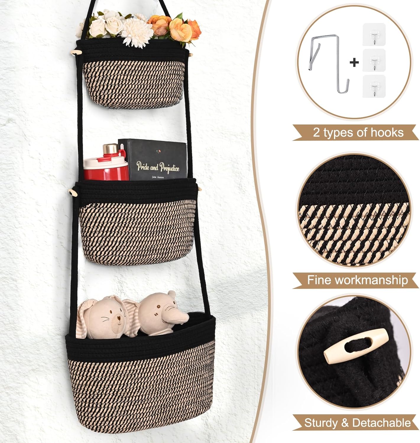 Hanging Storage Baskets, Over the Door Basket, Cotton Wall Baskets Storage, Hanging Door Basket with 4 Hooks