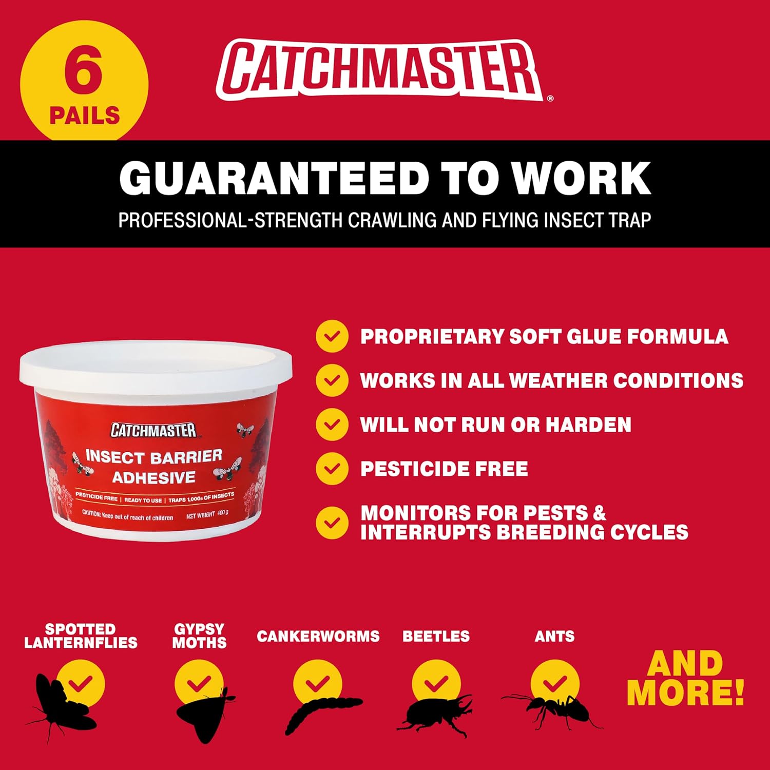 Catchmaster Tree Banding Insect Barrier 6Pk, 15oz Pails, Lanternfly & Ant Traps, Outdoor Adhesive Crawling Insect Trap to Protect Trees, Fruit & Plants