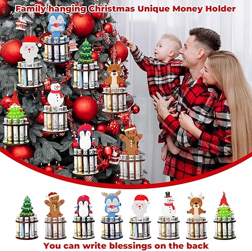 Miniatura 4 de Suzile 8 piezas de soporte único de Navidad de madera para Navidad, reno, muñeco de nieve, fiesta, dinero en efectivo, adornos colgantes para árbol