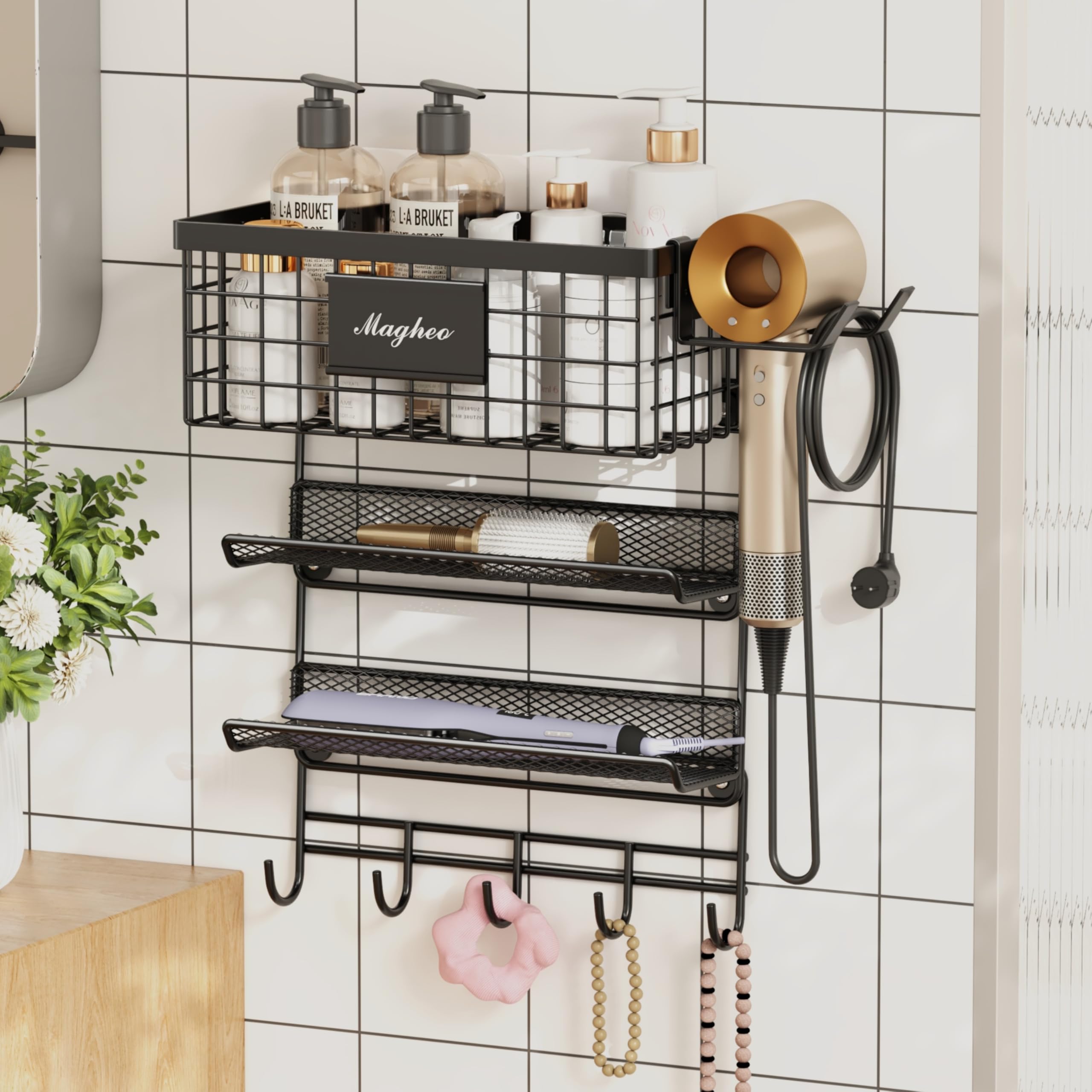 Magheo Hair Dryer Holder Wall Mounted, Adheisve Hair Tool Organizer for hair Brush/Appliance Wall Mount with 4 Tier Shelf Basket Hooks Blow Dryer and Straightener Holder for Bathroom(Black)