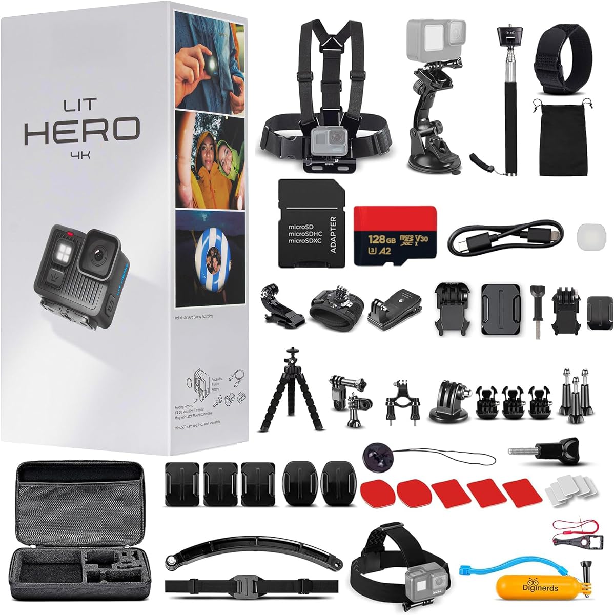 Cámara de acción compacta y liviana LIT Hero 4K (Go Pro Hero LIT) | Luz LED incorporada | Estabilización hipersuave | para Vlogging Deportes y viajes + Kit de accesorios de 50 piezas + Tarjeta de 128 GB + Más