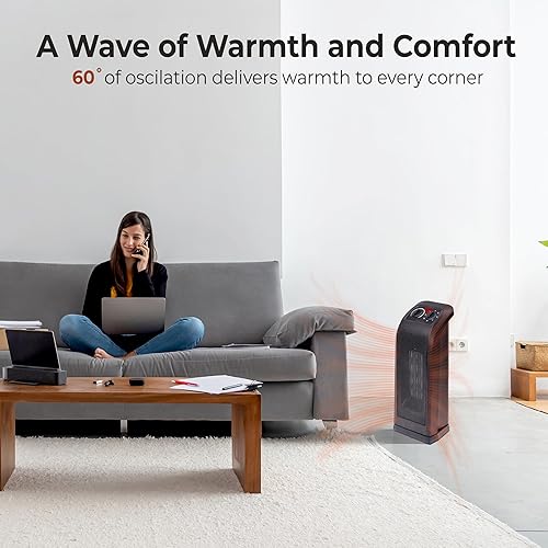 Miniatura 5 de Comfort Zone Calentador de espacio de torre de 18 pulgadas con elemento calefactor PTC, calor dual de 1500 W900 W, oscilación de 60, termostato