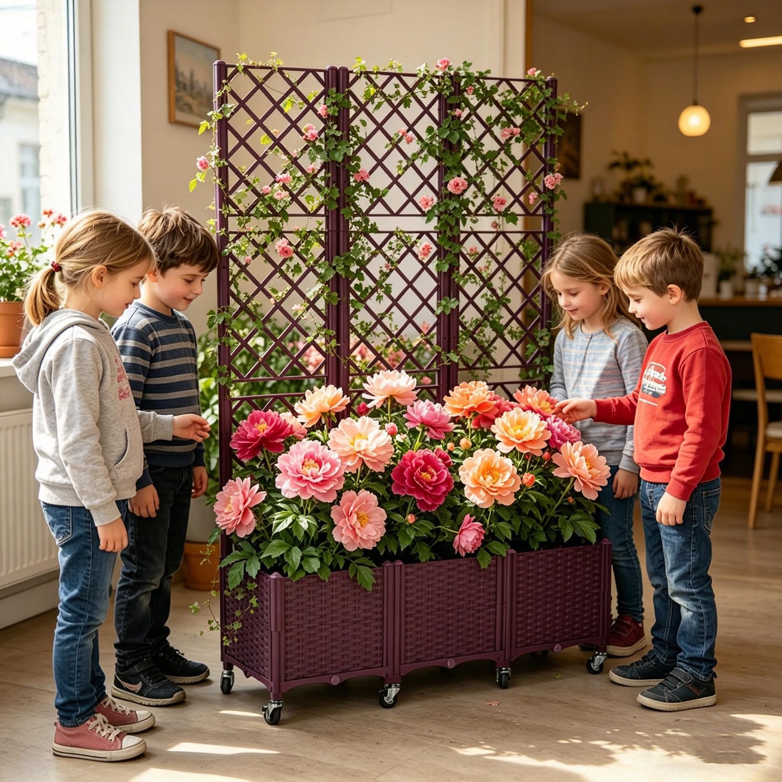 Fioriera 3 Pezzi con Traliccio, 120x40x193 cm, Vaso Fioriere alto in PP Resistente con Ruote Frenabili e fori Drenaggio, Fioriera da Balcone per Piante Rampicanti, Giardino Terrazza, Marrone