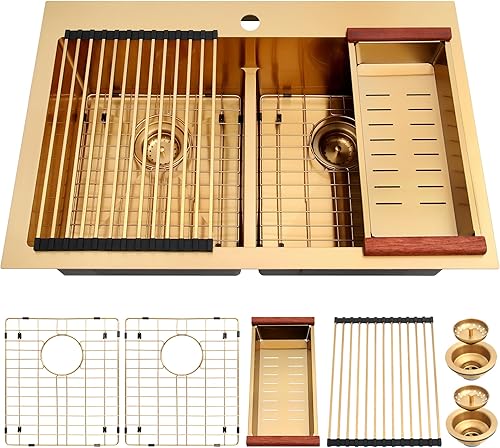 Vista 46 de LQS Fregadero de cocina dorado de 31 pulgadas, fregadero de cocina de acero inoxidable 50/50 de 31 x 18 pulgadas, fregadero de cocina de acero