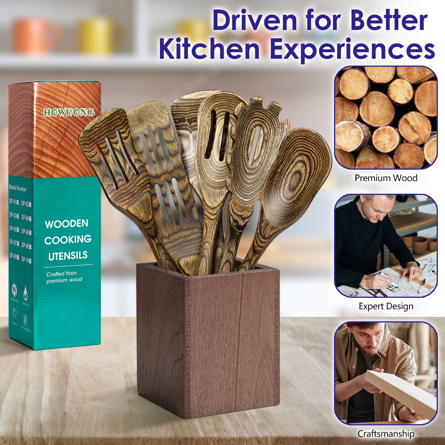 Cucharas de madera para cocinar, utensilios de madera para cocinar, juego de 6 herramientas de cocina HOWHONG que incluye cuchara de cocina, cuchara ranurada, espátula ranurada, cuchara de espagueti,