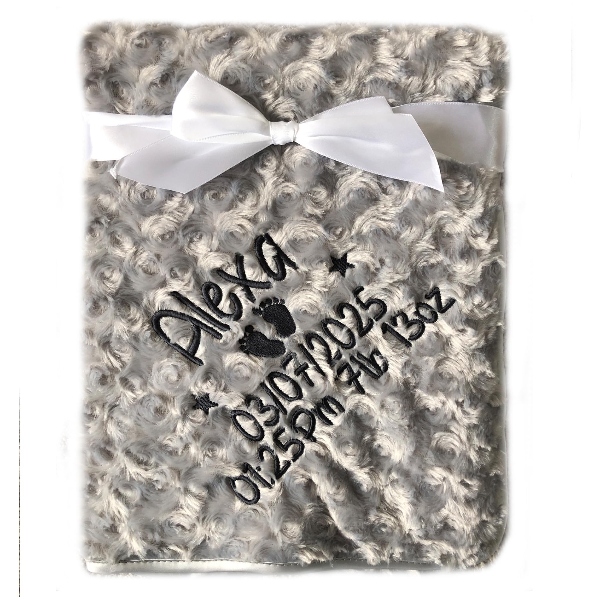 Personalised Baby Blanket Luxury Rosebud Style Grey Round Font Name Date Weight Time Print