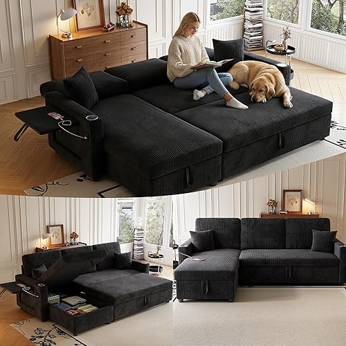Sleeper Sectional Sofa, 83" Convertible Sofa Bed with Pull Out Couches, Small Desktop, L Shaped Couch with Reversible Chaise, Cup Holders, USB, Modern Corduroy Sofas for Living Room Apartment, Black