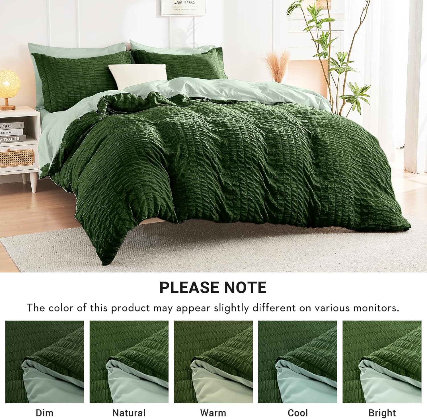 HYMOKEGE Dark Green/Sage Green Twin XL Comforter Set Seersucker 5 Pieces, All Season Luxury Bed in a Bag for Bedroom, Bedding Set with Comforter, Sheets, Pillowcase & Sham - Image 5