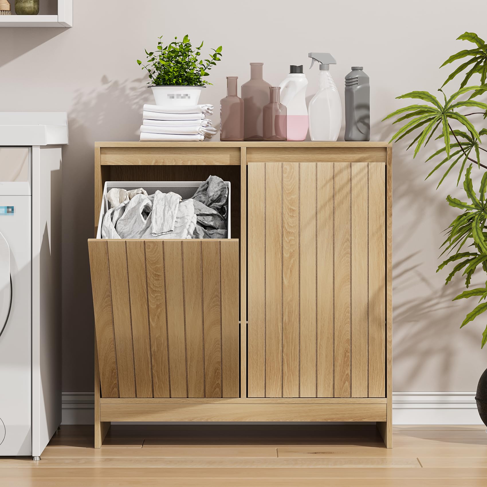 Smuxee Armoire à linge à deux compartiments escamotables, armoire de buanderie cachée avec double panier, poubelle naturelle pour salle de bain, cuisine, salon