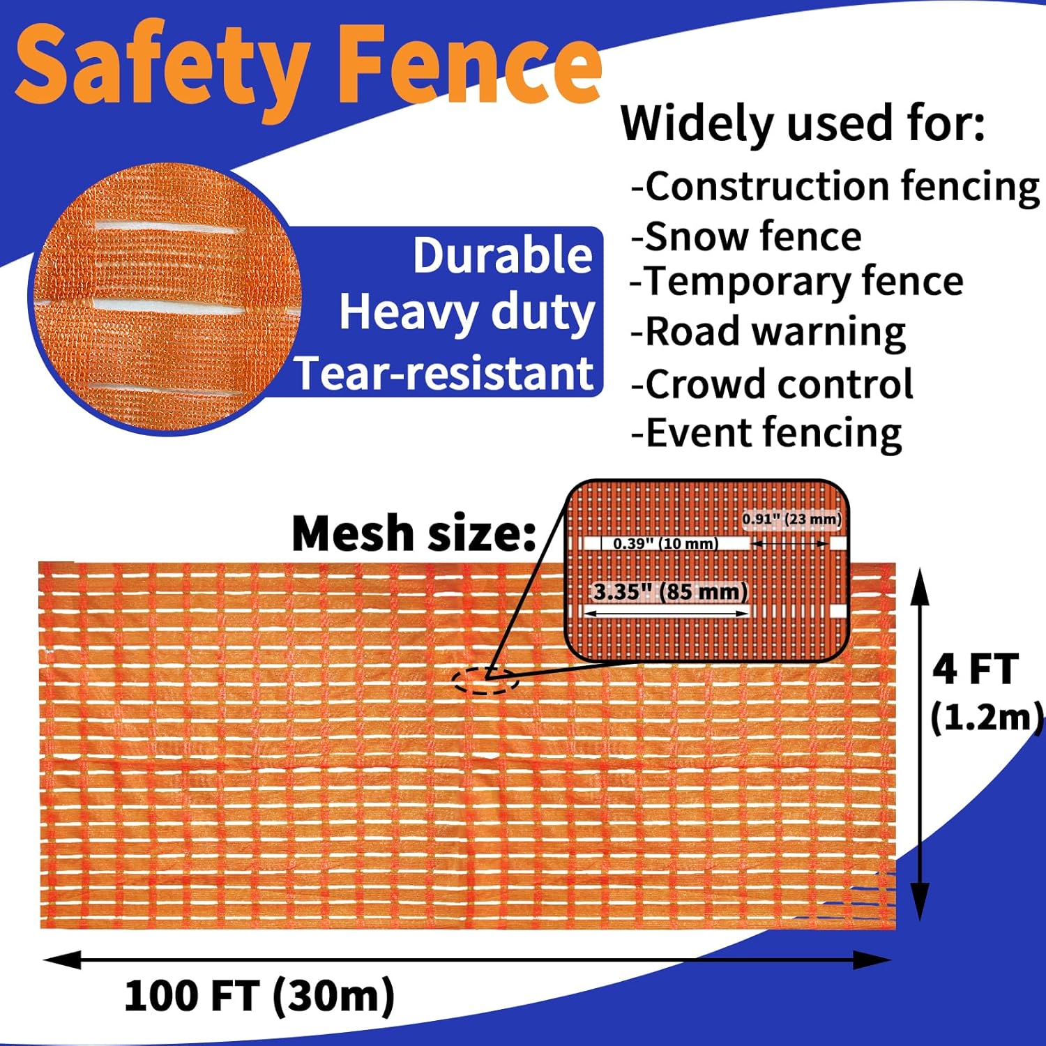 4' X 100' Safety Fence Orange Plastic Mesh Fence Roll for Temporary Construction Barrier Fence Snow Fence, Road Safety Warning Fencing Garden Netting Animal Barrier,Crowd Control 4 FT X 100 FT