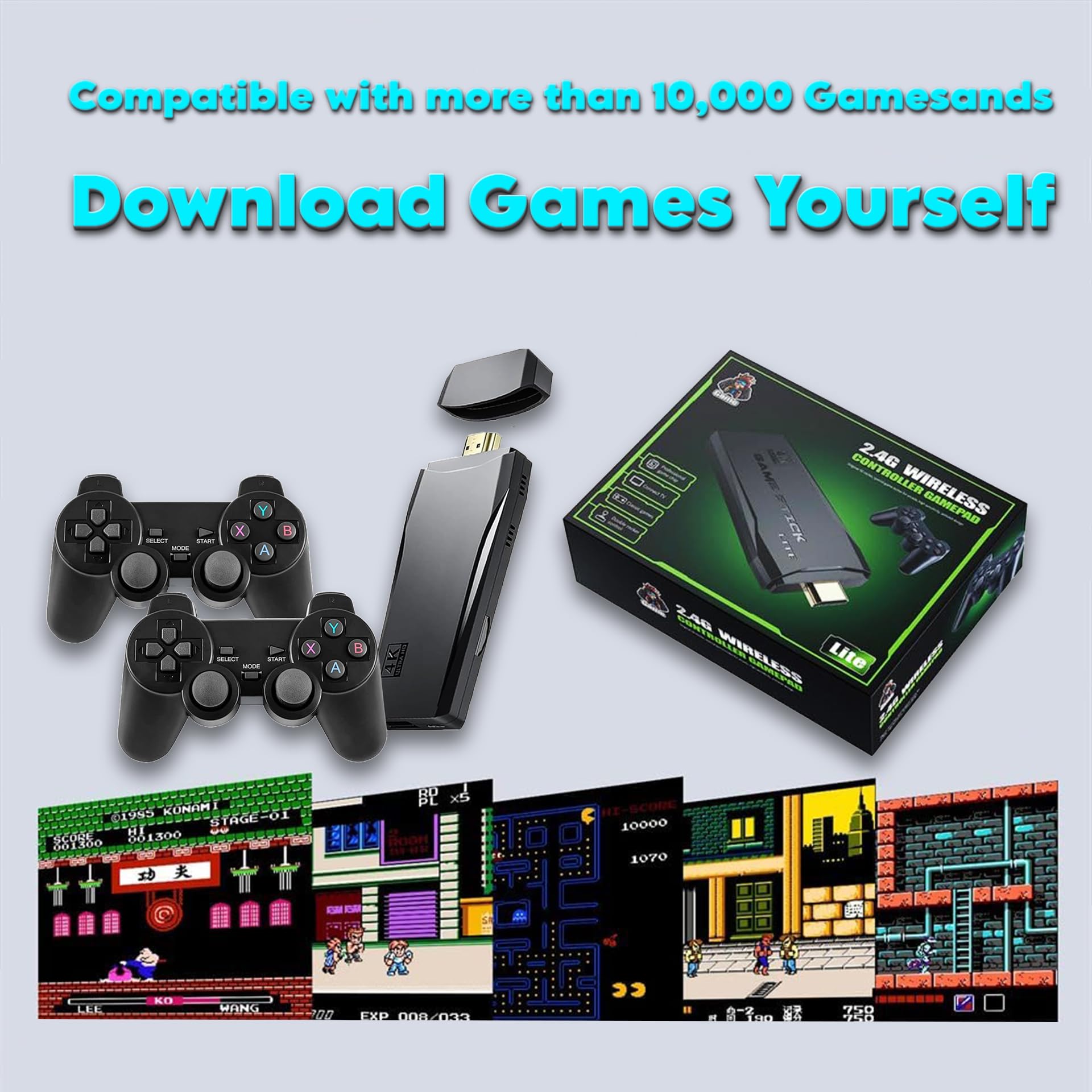 MANEEX Retro Game Console Stick, 20,000+ Games, 64GB Card, 2.4G Wireless Controllers, HDMI Output, TV Gaming System 3