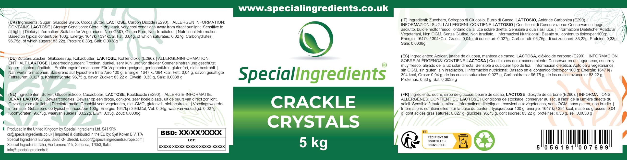 Special Ingredients Crackle Crystals Sucre Pétillant 5kg - Popping Candy pour la décoration de gâteaux, desserts, mousses, glaces, sorbets, gelées, cupcakes, pâtisserie & cocktails