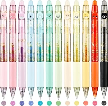 12 Colors Glitter Erasable Pens, 0.5mm Fine Point Colored Gel Pens