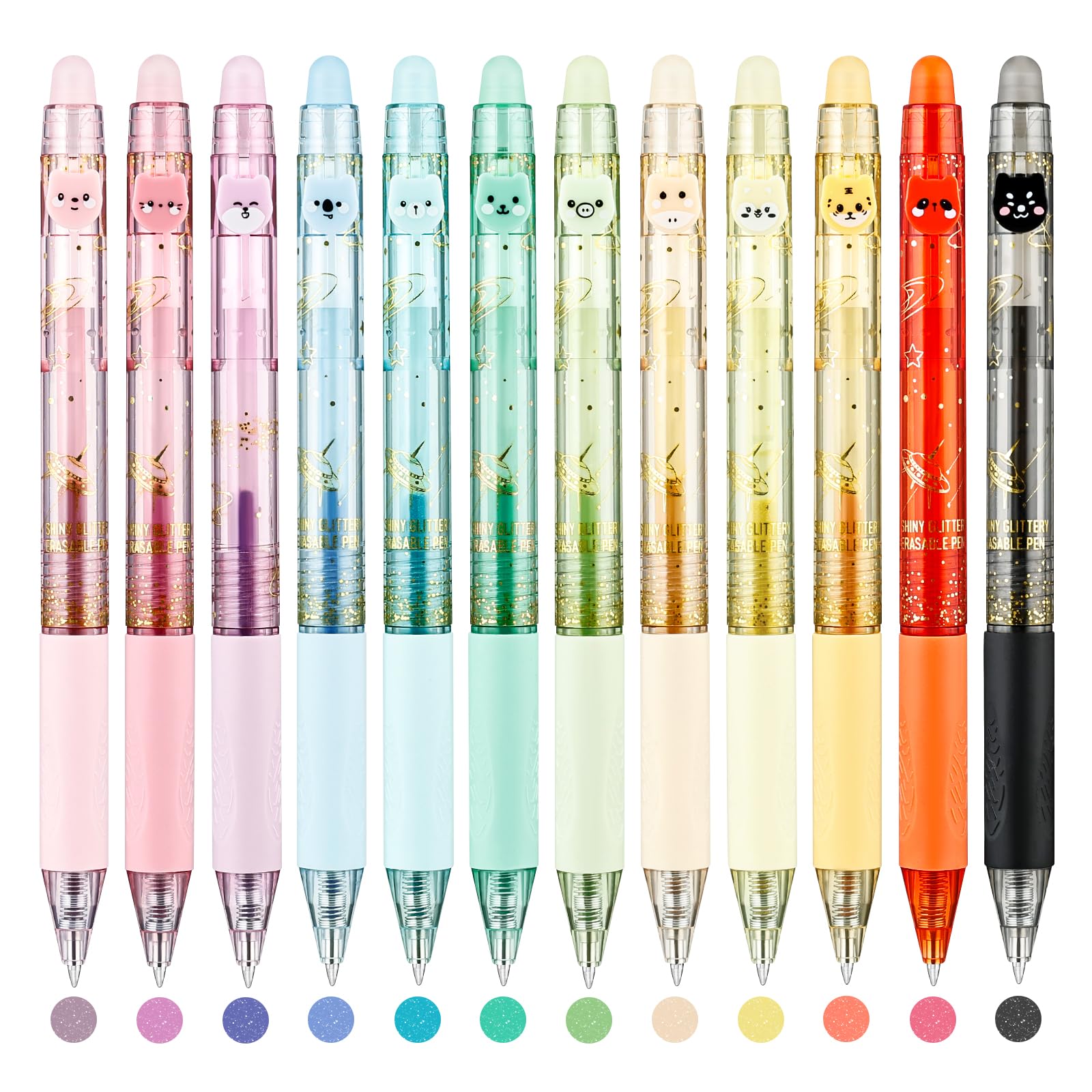 Lot de 12 stylos à encre gel effaçable à paillettes, pointe fine