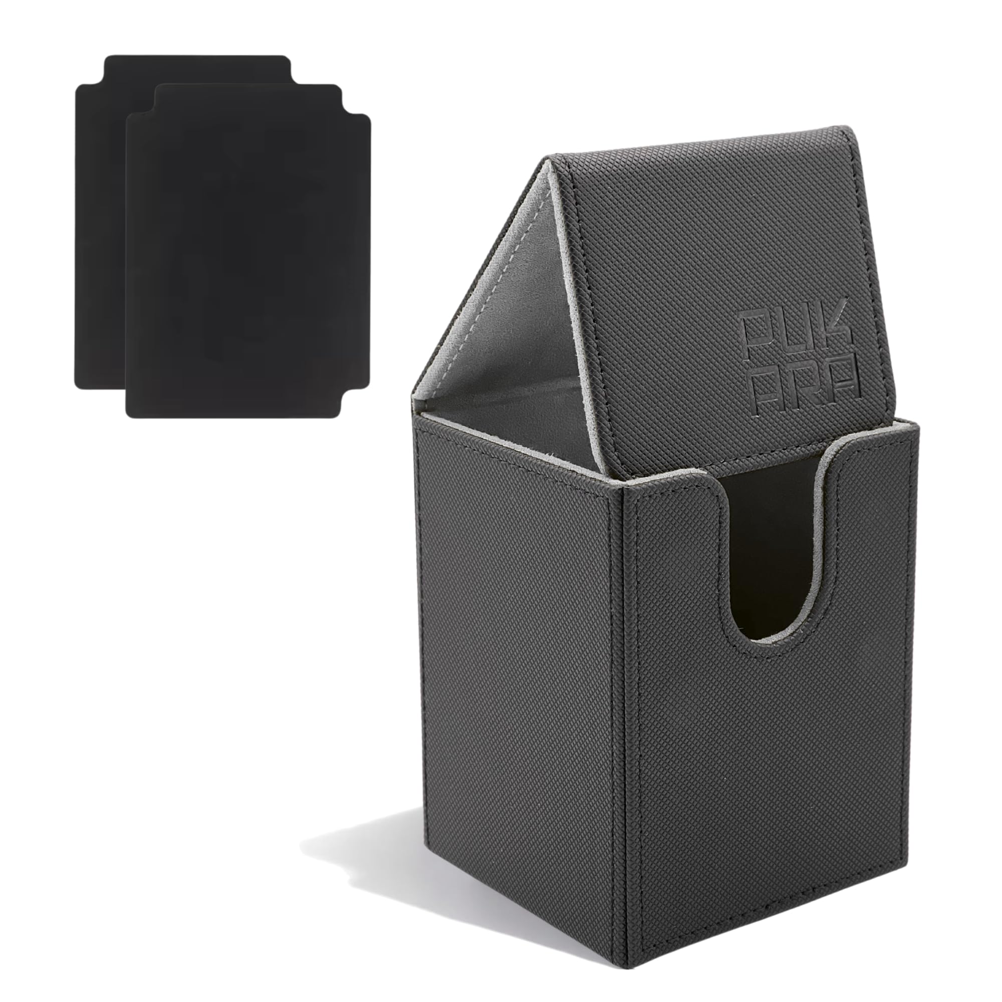 PUKARA Vertical Card Deck Box for TCG, MTG, PTCG. Card Storage with Magnetic Closure, Premium PU Leather, Includes 2 Dividers (Black and Grey)